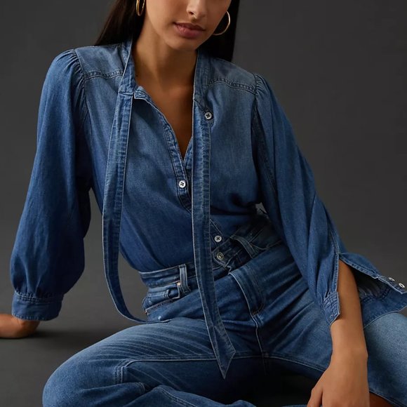 Anthropologie Pilcro Blue Denim Tie-Neck Blouse - XXS 2XS 00 - Picture 2 of 10